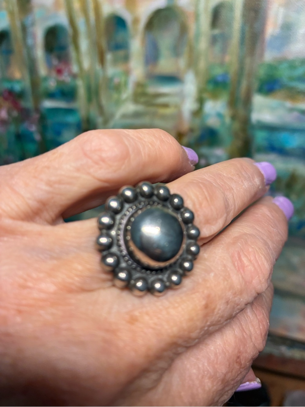 Vintage Sterling Silver Beaded Done Ring - Size 5 - Picture 2 of 3